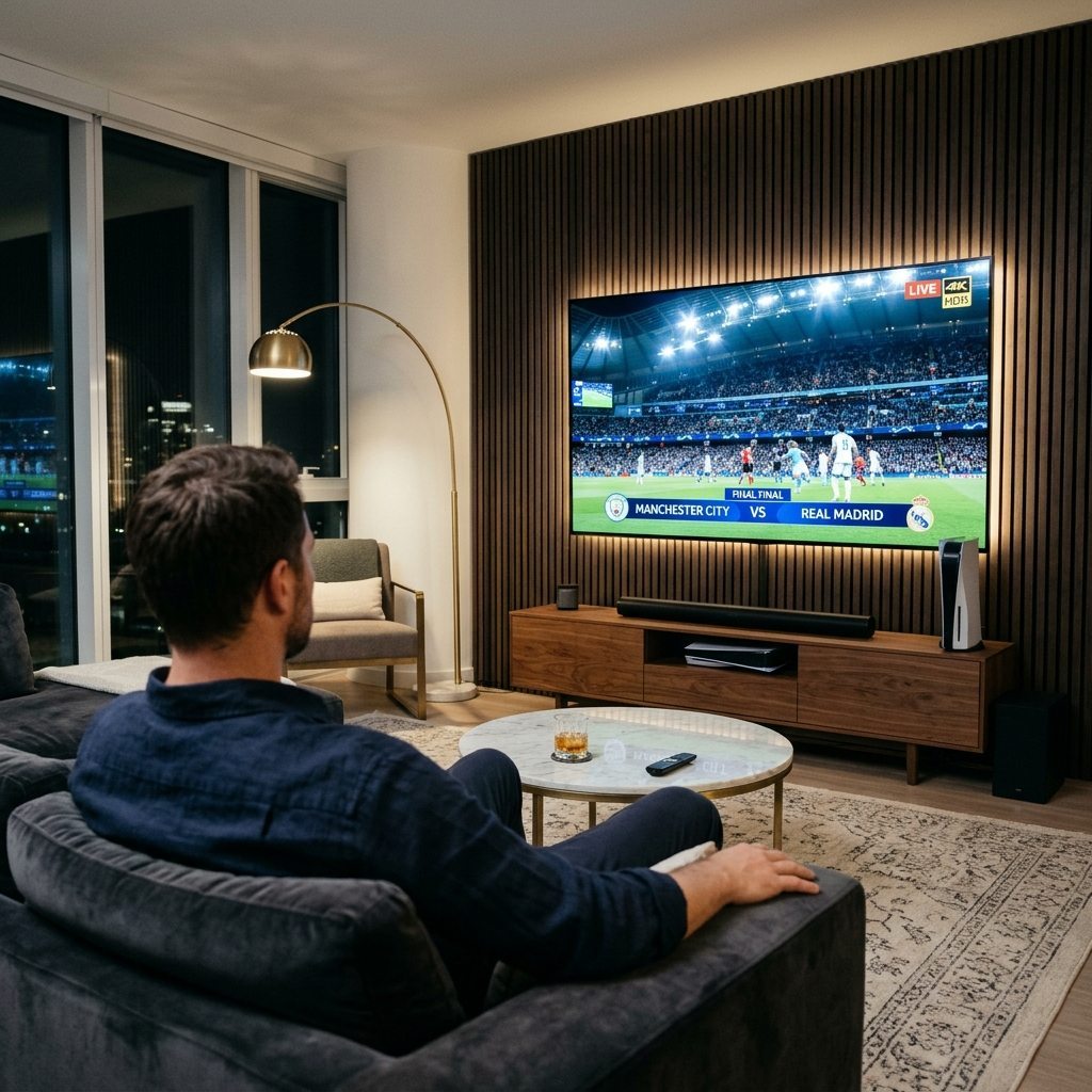 World IPTV ultra-fast zapping interface on 4K living room television